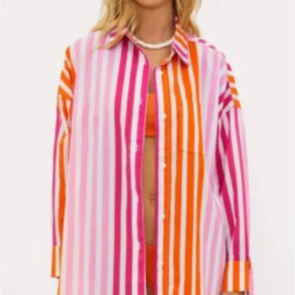 Beach Riot NEW Alexa Pink Striped Cotton Oversized Button Up Tunic Top size S/M - Picture 3 of 10
